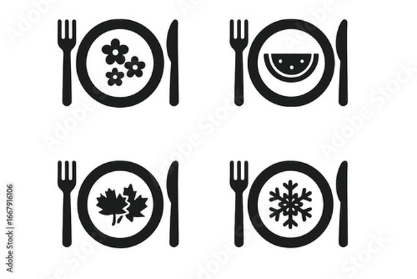 Fototapeta Four seasons food icon set. Seasonal eating concept with plate, fork, knife. Spring flowers, summer watermelon, autumn leaves, winter snowflake. Restaurant menu vector glyphs.