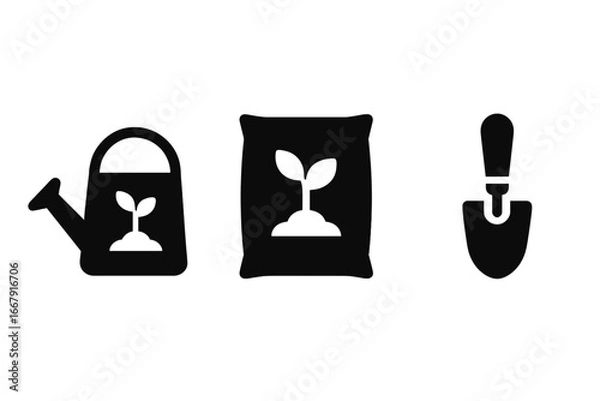 Fototapeta Gardening tools icon set. Watering can, fertilizer bag, and trowel. Solid black vector silhouettes for agriculture, planting, and seedling growth concepts. Isolated illustration.