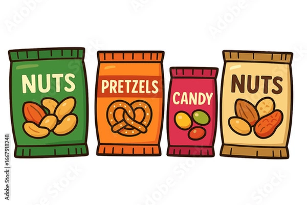 Obraz Snack packets vector illustration set. Collection of cartoon nuts, pretzels, candy bags. Junk food items for vending machine display. Salty and sweet snacks in colorful packaging.