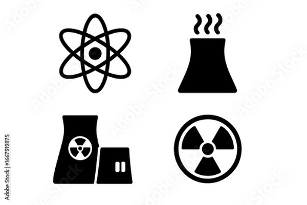 Fototapeta Nuclear energy vector icon set. Solid glyph pictograms of atom, power plant, cooling tower, and radiation hazard symbol. Atomic power, reactor, and radioactive concepts.