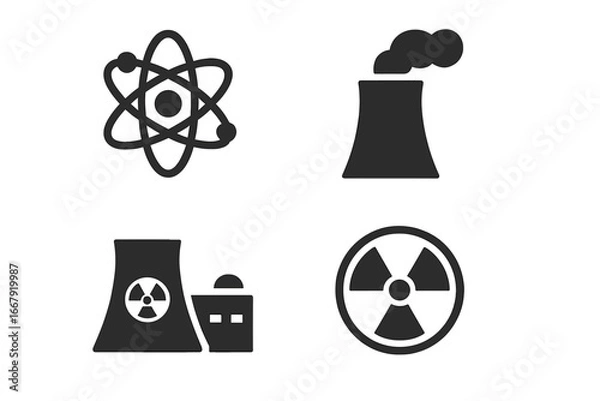 Fototapeta Nuclear energy icon set. Solid glyph pictograms of atomic power, cooling tower, reactor plant, and radiation hazard symbol. Vector for science, industry, and technology concepts.
