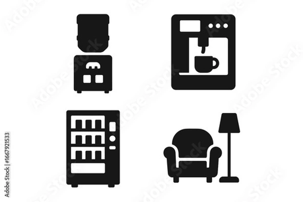 Fototapeta Office amenities vector icon set. Solid glyphs of work environment facilities. Water cooler, coffee machine, vending machine, and lounge area for employee relaxation and breaks.
