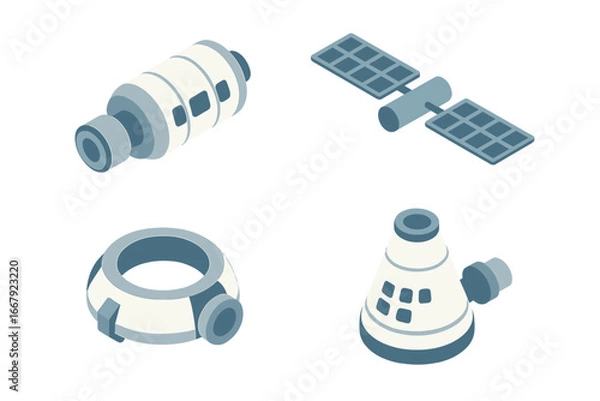 Fototapeta Space station parts isometric icon set. Orbital construction kit with habitation module, satellite, solar panel, docking ring, capsule. Vector icons for space exploration.