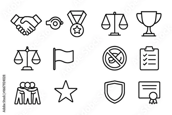 Obraz Sports Ethics Icons. Outline icon set of Sports ethics and fair play: handshake, referee whistle, medal,
