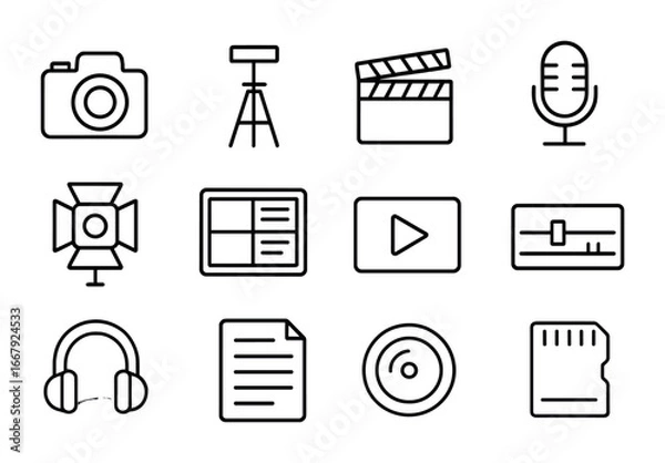 Obraz Video Production Icons. Outline icon set of video production: camera, tripod, clapperboard, microphone, light,