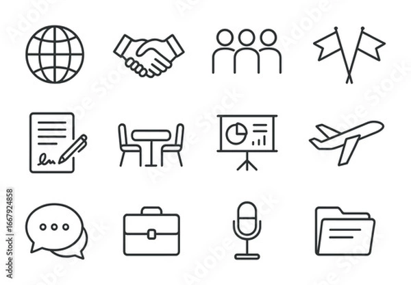 Obraz Global Trade Icons. Outline icon set of global trade summit elements: globe, handshake, delegates, flags,