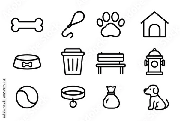 Obraz Dog Park Icons. Outline icon set of dog-friendly parks: dog bone, leash, paw print, dog house, water bowl,