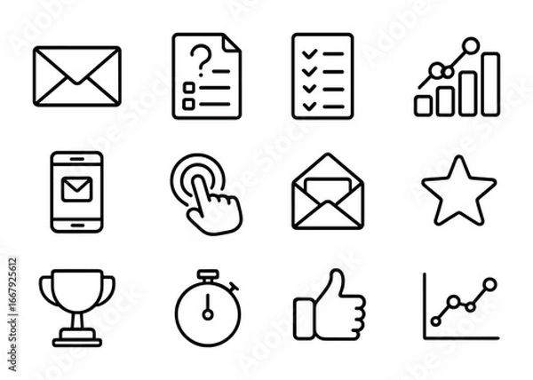 Obraz Email Marketing Icon Set. Outline icon set of interactive email marketing: envelope, quiz sheet, survey form,