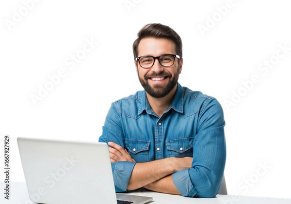 Fototapeta Photo of happy man with glasses working on laptop isolated on transparent background