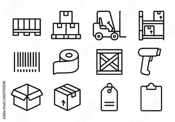 Obraz Warehouse Icon Grid. Outline icon set of warehouse storage: pallet, stacked boxes, forklift, shelf, barcode,