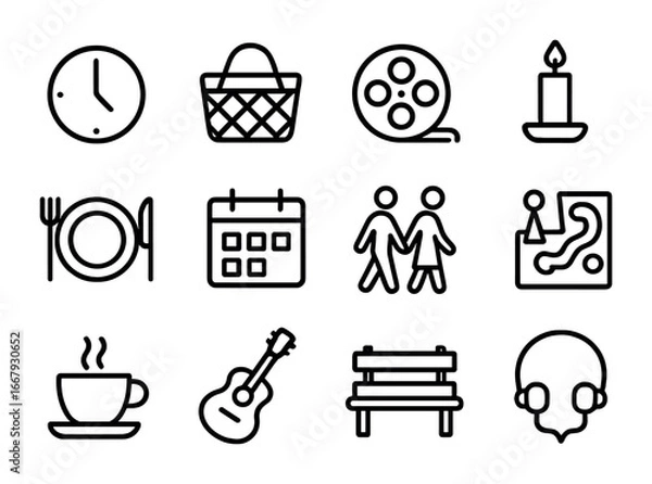 Obraz Quality Time Icons. Outline icon set of quality time: clock, picnic basket, movie reel, candle, dinner plate,