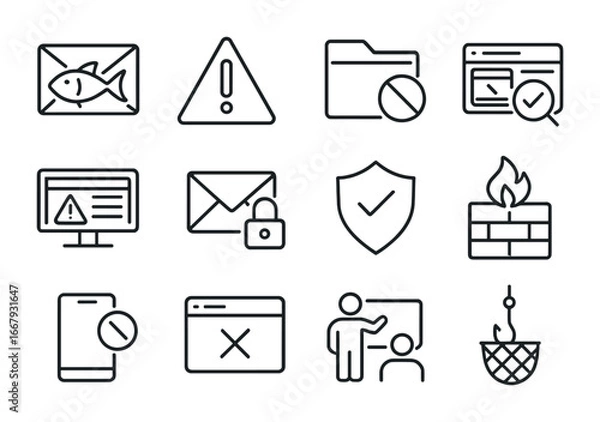 Obraz Phishing Prevention Icons. Outline icon set of phishing prevention: suspicious email, alert triangle, spam
