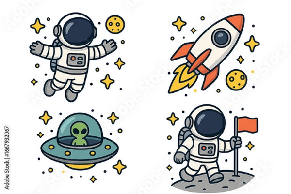 Fototapeta Set of cute space exploration cartoon vector icons. Astronaut floating, planting flag on moon. Rocket ship launch. Alien in UFO. Cosmic character collection for kids design.