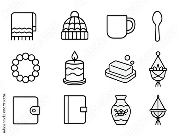Obraz Handmade Goods Icons. Outline icon set of handmade goods: knitted scarf, crochet hat, pottery mug, wooden