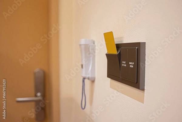 Obraz Insert key card in electronic lock in hotel