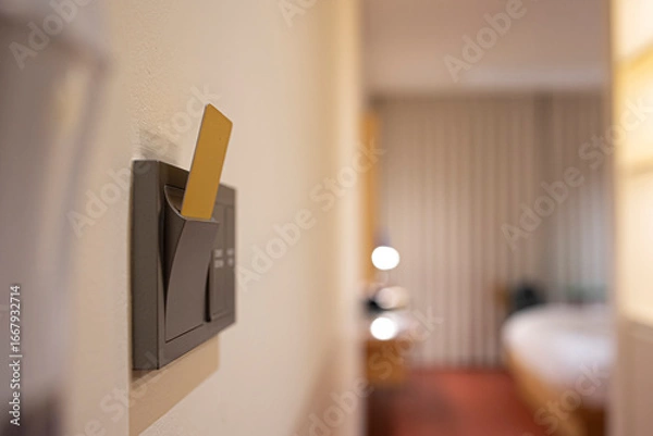 Obraz Insert key card in electronic lock in hotel