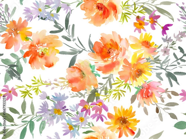 Fototapeta Watercolor Seamless Floral Pattern with Abstract Hand-painted Autumn flowers. Autumn Floral textile design for fabric and stationary. Botanical wallpaper on a transparent background.