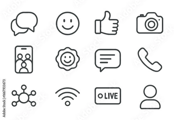 Obraz Youth Communication Icons. Outline icon set of youth communication: chat bubbles, emojis, like button, selfie