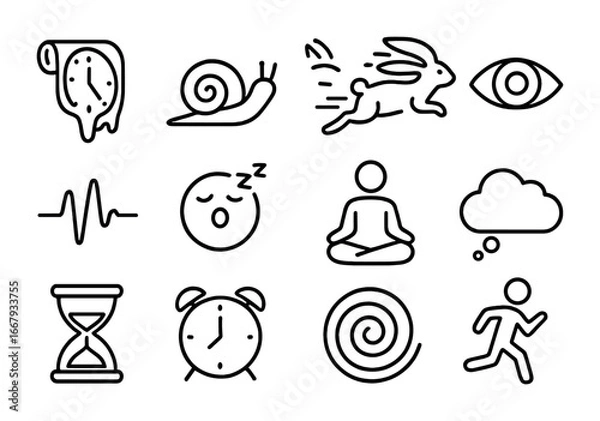 Obraz Subjective Time Icons. Outline icon set of subjective time flow: melting clock, slow snail, fast rabbit, eye,