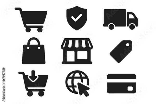 Fototapeta Shopping and e-commerce solid icon set, including cart, online security, delivery, store, tag, global internet, payment, and shopping bag icons, vector cartoon illustration