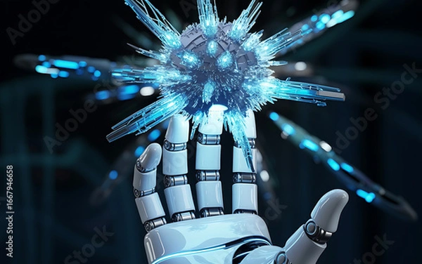 Fototapeta Artificial intelligence robotic hand holding digital object