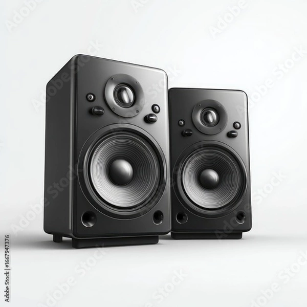 Fototapeta Two black computer speakers on a white background