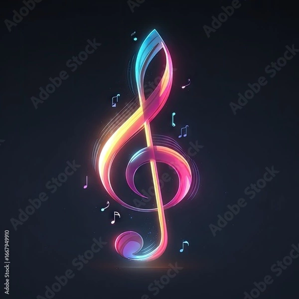 Fototapeta Glowing treble clef with vibrant colors and musical notes