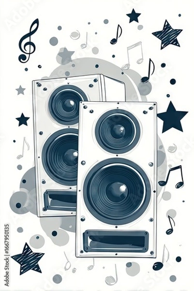 Fototapeta Two white speakers, outlined in dark blue, against a muted gray background decorated with musical notes and stars