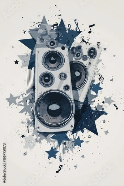 Fototapeta Graphic design of two speakers with stars and musical notes