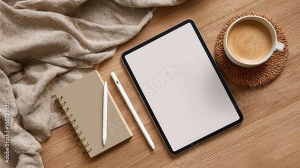 Fototapeta Tablet, notebook, coffee, cozy workspace