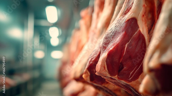 Fototapeta Beef carcasses hanging in a meat processing facility showcasing butchering and preservation methods