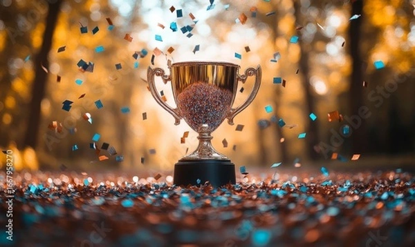 Fototapeta trophy cup, surrounded by a burst of celebration confetti and glitter, symbolizing a triumphant moment of achievement, possibly at the end of a challenging outdoor hiking trail, Generative AI