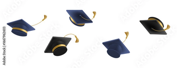 Obraz Graduates celebration. 3D Flying black graduate hat