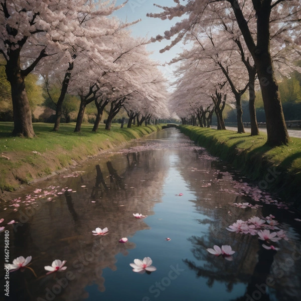 Obraz 桜並木の川沿いの小道
