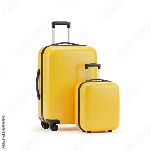 Obraz Two bright yellow hard shell suitcases with telescopic handles and wheels are displayed against a clean white background ready for travel and adventure