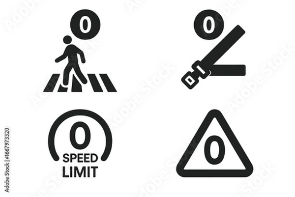 Fototapeta Zero accidents icon set. Road traffic safety concept. Pedestrian crosswalk, fasten seatbelt, speed limit and warning sign. Prevention campaign vector glyph pictograms collection.