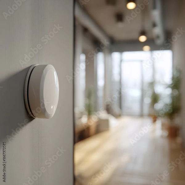 Fototapeta Close-up view of a realistic AI home button in a serene hallway highlighted by blurred ambient elements