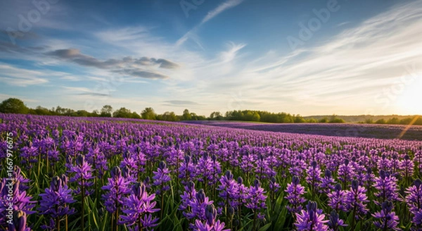 Fototapeta A large field of purple camas flowers at sunset with trees and a bright sky.