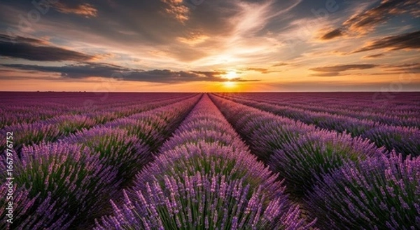 Fototapeta Lavender Field at Sunset - A Stunning Landscape.