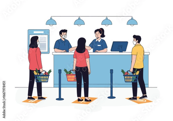 Fototapeta People in a grocery store queue maintaining physical distance during a pandemic checkout