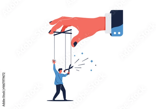 Fototapeta Man cutting puppet strings to break free from control and gain independence