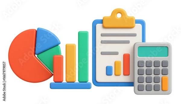 Fototapeta Data and Analysis: A vibrant 3D rendering showcasing essential business tools: a pie chart, bar graph, clipboard with data, and calculator, symbolizing data analysis.