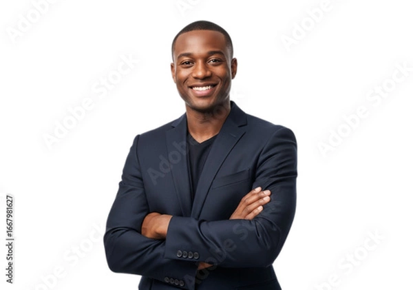 Fototapeta Photo of smiling african american businessman in suit with arms crossed isolated on transparent background