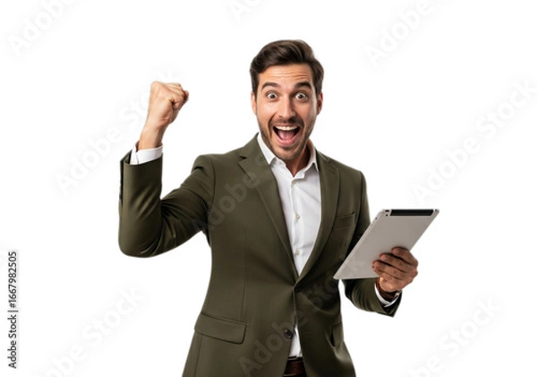 Fototapeta Photo of excited businessman with tablet celebrating success isolated on transparent background
