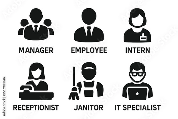 Fototapeta Workplace roles icons solid filled vector set including manager, employee, intern, receptionist, janitor, IT specialist, office job symbols, business personnel silhouettes, staff positions