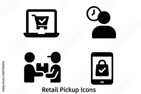 Obraz Retail pickup solid icon set. E-commerce concept for online order and curbside pickup. Buy online, pick up in store (BOPIS) process. Customer waiting and package handover.