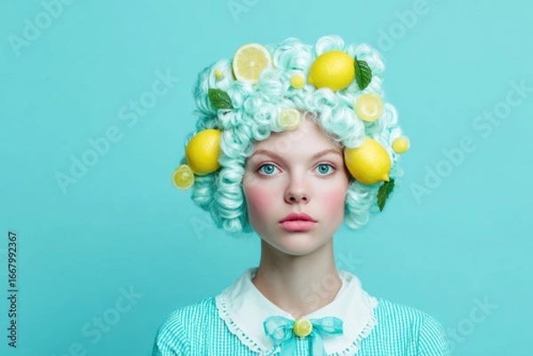 Fototapeta Portrait of a young woman with lemon hairstyle. Ai generative art
