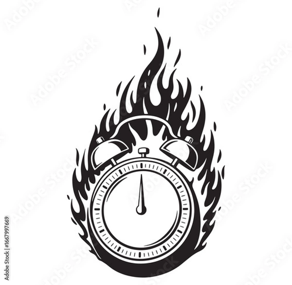 Fototapeta Burning alarm clock illustration depicting urgency and time pressure symbolized in flames