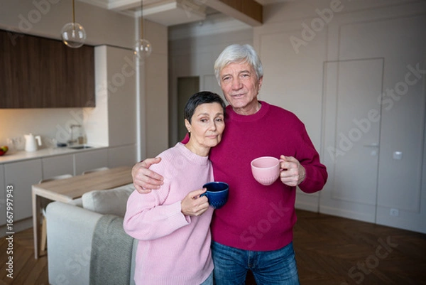Fototapeta Older married couple embracing and drinking coffee tea and looking at camera. Senior spouses rest together, retired life contentment, closeness affection in later years, emotional stability in old age