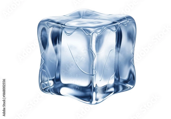 Fototapeta Crystal clear ice cube detailed macro shot reflecting light with abstract blue tones transparent background